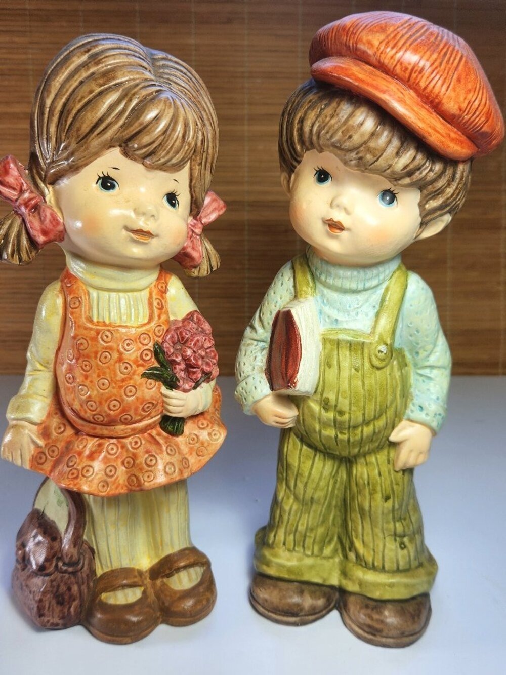 Vintage Ceramic Boy & Girl Coin Banks 1970s Hand Painted Figurines 11 Inch Pair